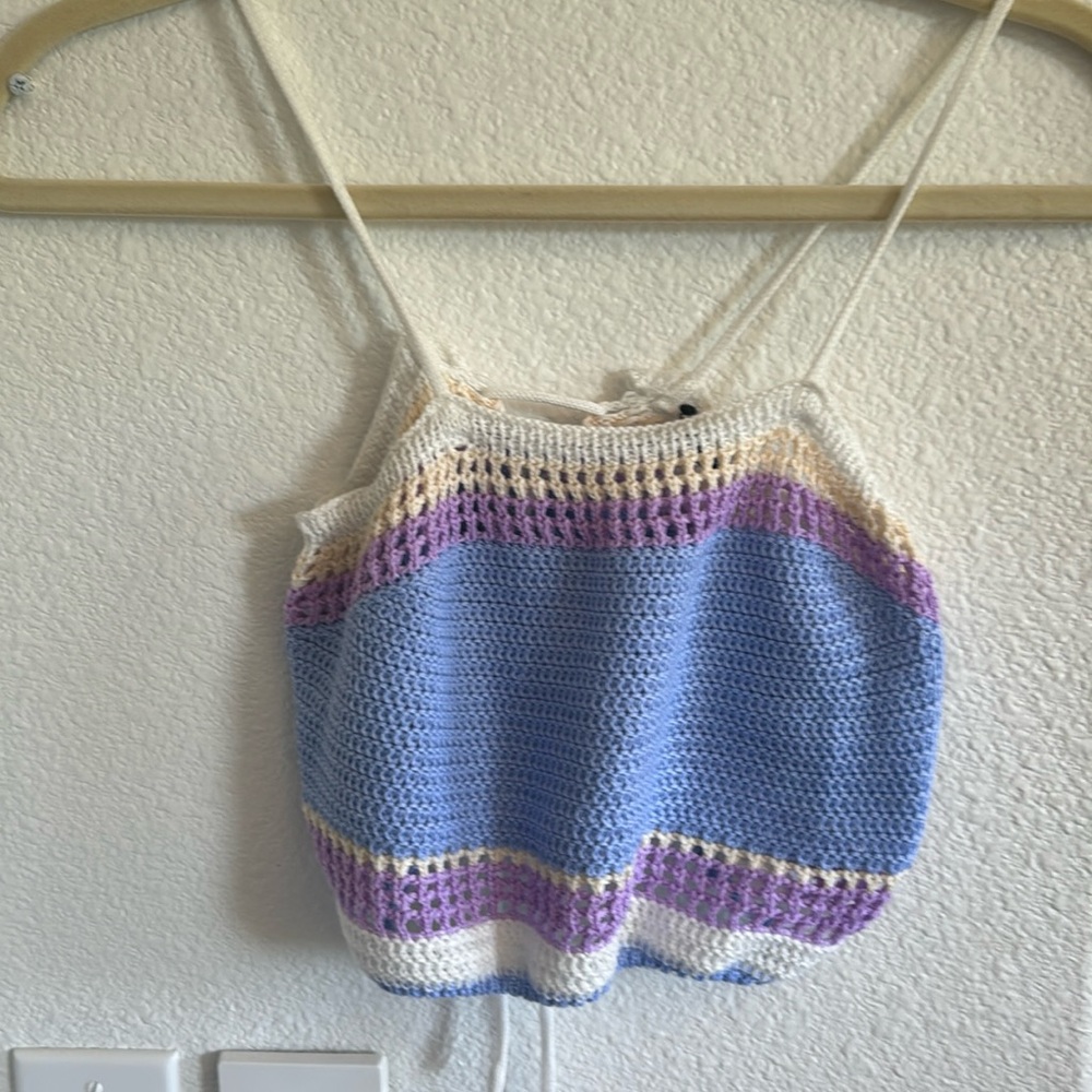 Crochet blue purple light yellow and white lace up crop tank